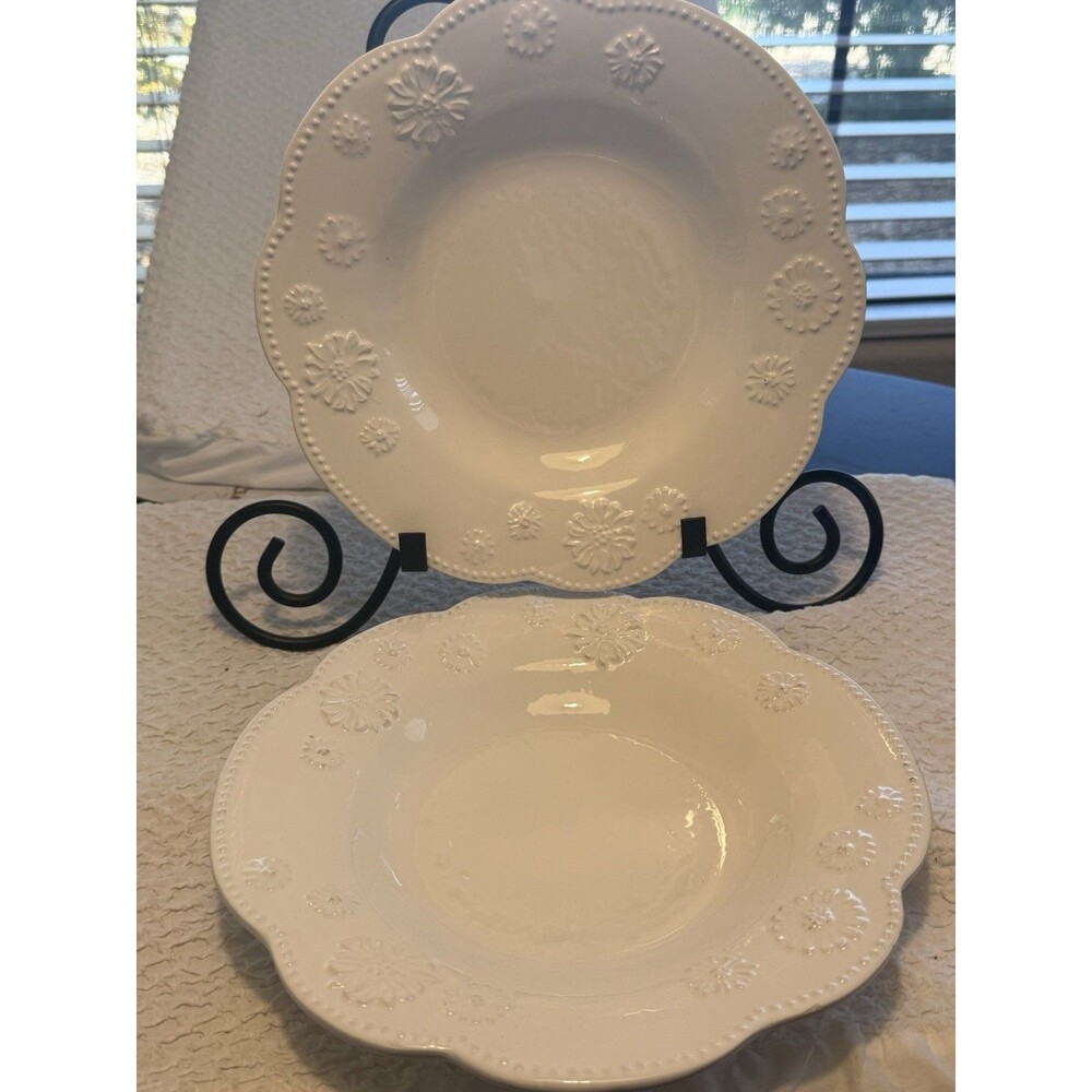 Ceramiche Virginia, Set 2 Salad Bowls 10”White Emboss Flowers Scallop Italian